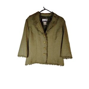 Plaza South Woman's Size 8 Green Windowpane Blazer Waist length With Fringe Trim